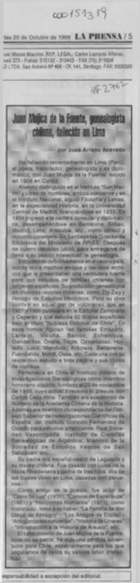 Juan Mujica de la Fuente, genealogista chileno, fallecido en Lima  [artículo] José Arraño Acevedo.