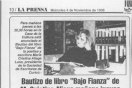 Bautizo de libro "Bajo fianza" de M. Cristiana Aliaga mañana jueves  [artículo].