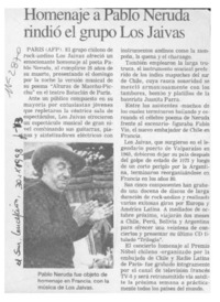 Homenaje a Pablo Neruda rindió el grupo Los Jaivas  [artículo].