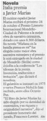 Italia premia a Javier Marías