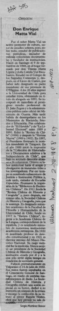 Don Enrique Matta Vial  [artículo] Sergio Martínez Baeza.