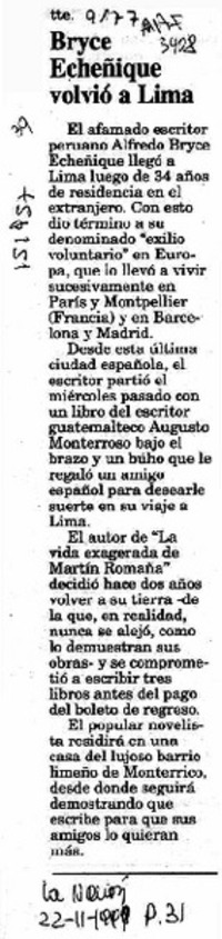 Bryce Echenique volvió a Lima  [artículo].