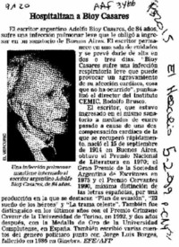 Hospitalizan a Bioy Casares  [artículo].