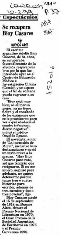 Se recupera Bioy Casares  [artículo].