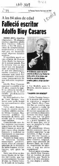 Falleció escritor Adolfo Bioy Casares  [artículo].