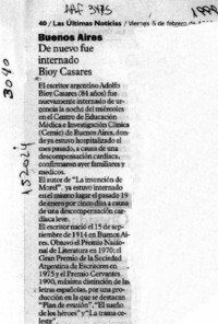 De nuevo fue internado Bioy Casares  [artículo].