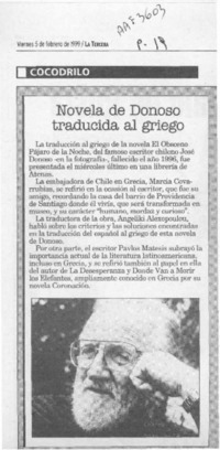 Novela de Donoso traducida el griego  [artículo].