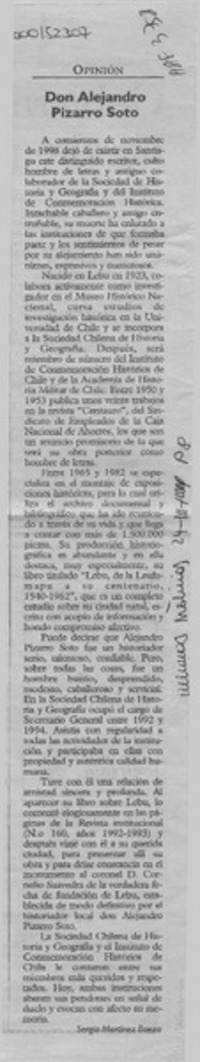 Don Alejandro Pizarro Soto  [artículo] Sergio Martínez Baeza.