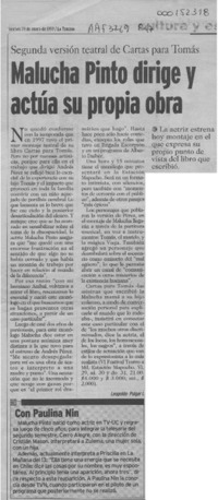 Malucha Pinto dirige y actúa su propia obra  [artículo] Leopoldo Pulgar I.