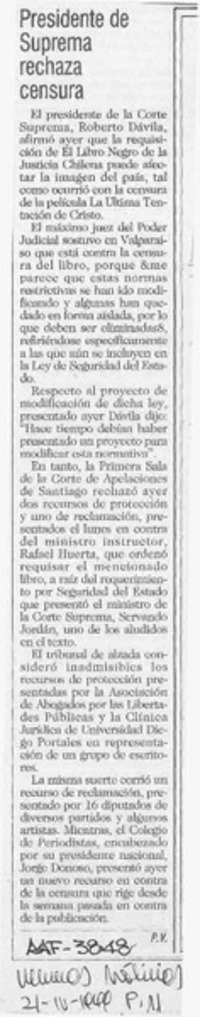 Presidente de Suprema rechaza censura  [artículo] P. V.