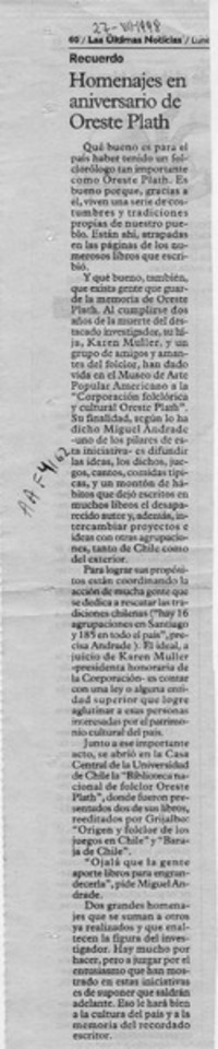 Homenajes en aniversario de Oreste Plath  [artículo].