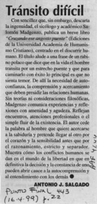 Tránsito difícil  [artículo] Antonio J. Salgado.