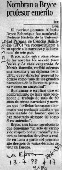 Nombran a Bryce profesor emérito  [artículo].