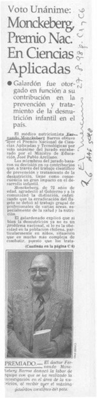 Monckeberg Premio Nac. en Ciencias Aplicadas  [artículo].