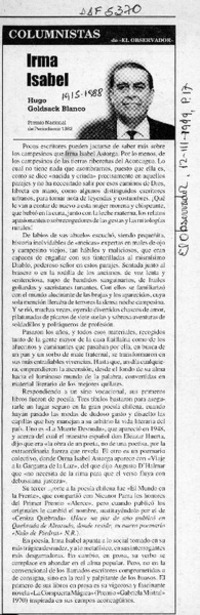 Irma Isabel  [artículo] Hugo Goldsack Blanco.
