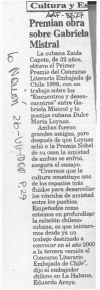 Premian obra sobre Gabriela Mistral  [artículo].