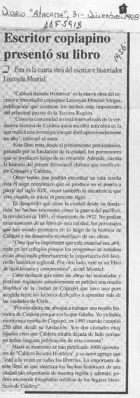 Escritor copiapino presentó su libro  [artículo].