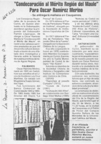 "Condecoración al mérito región del Maule" para Oscar Ramírez Merino  [artículo].