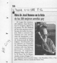 Obra de José Donoso en la lista de las 100 mejores novelas gay  [artículo].