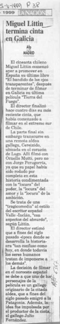 Miguel Littín termina cinta en Galicia  [artículo].