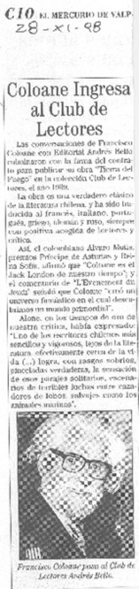 Coloane ingresa al Club de lectores