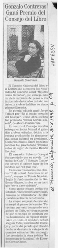 Gonzalo Contreras ganó Premio del Consejo del Libro  [artículo]
