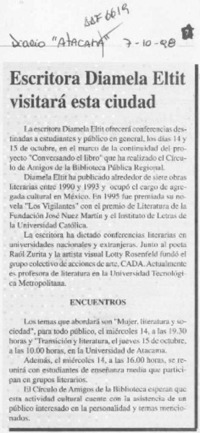 Escritora Diamela Eltit visitará esta ciudad  [artículo].
