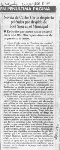 Novela de Carlos Cerda despierta polémica por despido de José Soza en el Municipal  [artículo].