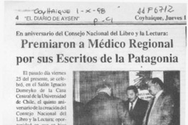 Premiaron a médico regional por sus escritos de la Patagonia  [artículo].