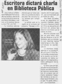 Escritora dictará charla en Biblioteca Pública  [artículo].