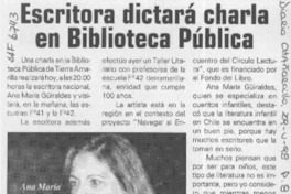 Escritora dictará charla en Biblioteca Pública  [artículo].