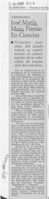 José María Maza, Premio en Ciencias  [artículo].