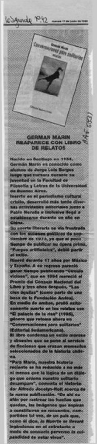 Germán Marín reaparece con libro de relatos  [artículo].