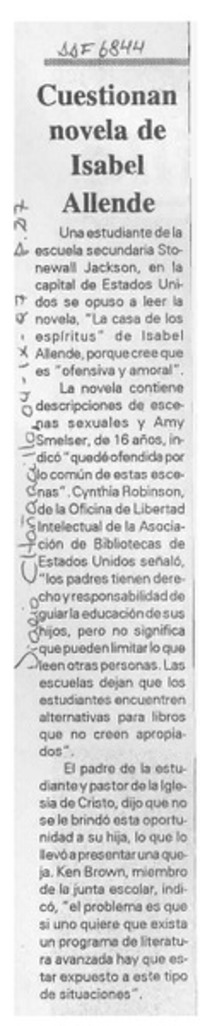 Cuestionan novela de Isabel Allende  [artículo].