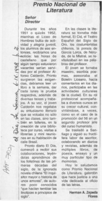 Premio Nacional de Literatura  [artículo] Herman A. Zepeda.