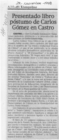 Presentado libro póstumo de Carlos Gómez en Castro  [artículo].
