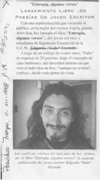 Lanzamiento libro de poesías de joven escritor  [artículo].
