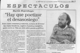 "Hay que poetizar el desasosiego"  [artículo] A. N.