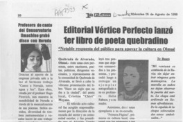 Editorial Vértice Perfecto lanzó 1er libro de poeta quebradino  [artículo].