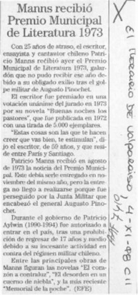 Manns recibió Premio Municipal de Literatura 1973  [artículo].