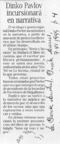 Dinko Pavlov incursionará en narrativa  [artículo].