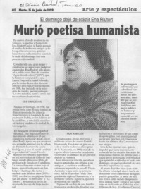 Murió poetisa humanista  [artículo] Guillermo Chávez.