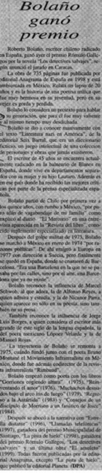 Bolaño ganó premio