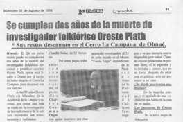 Se cumplen dos años de la muerte de investigador folklórico Oreste Plath  [artículo].