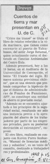 Cuentos de tierra y mar presentan en U. de C.  [artículo].