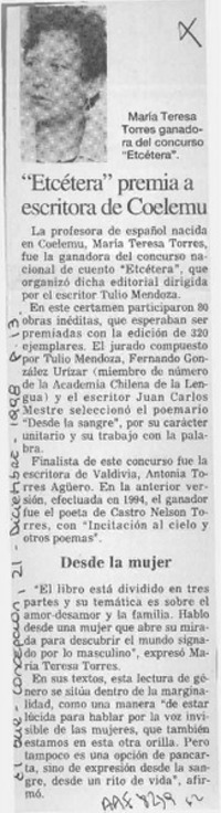 "Etcétera" premia a escritora de Coelemu  [artículo].