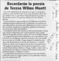 Recrodarán la poesía de Teresa Wilms Montt  [artículo].
