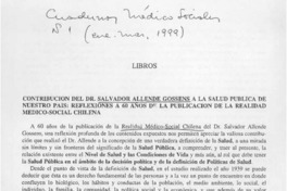 Contribución del Dr. Salvador Allende Gossens a la salud pública de nuestro país  [artículo] Beatriz Bueno Espíndola.