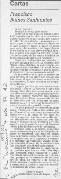 Francisco Bulnes Sanfuentes  [artículo] Gustavo Lagos [y] Marta Cruz-Coke de Lagos.