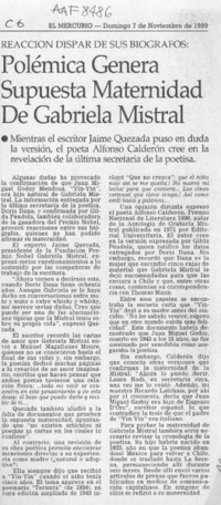 Polémica genera supuesta maternidad de Gabriela Mistral  [artículo].